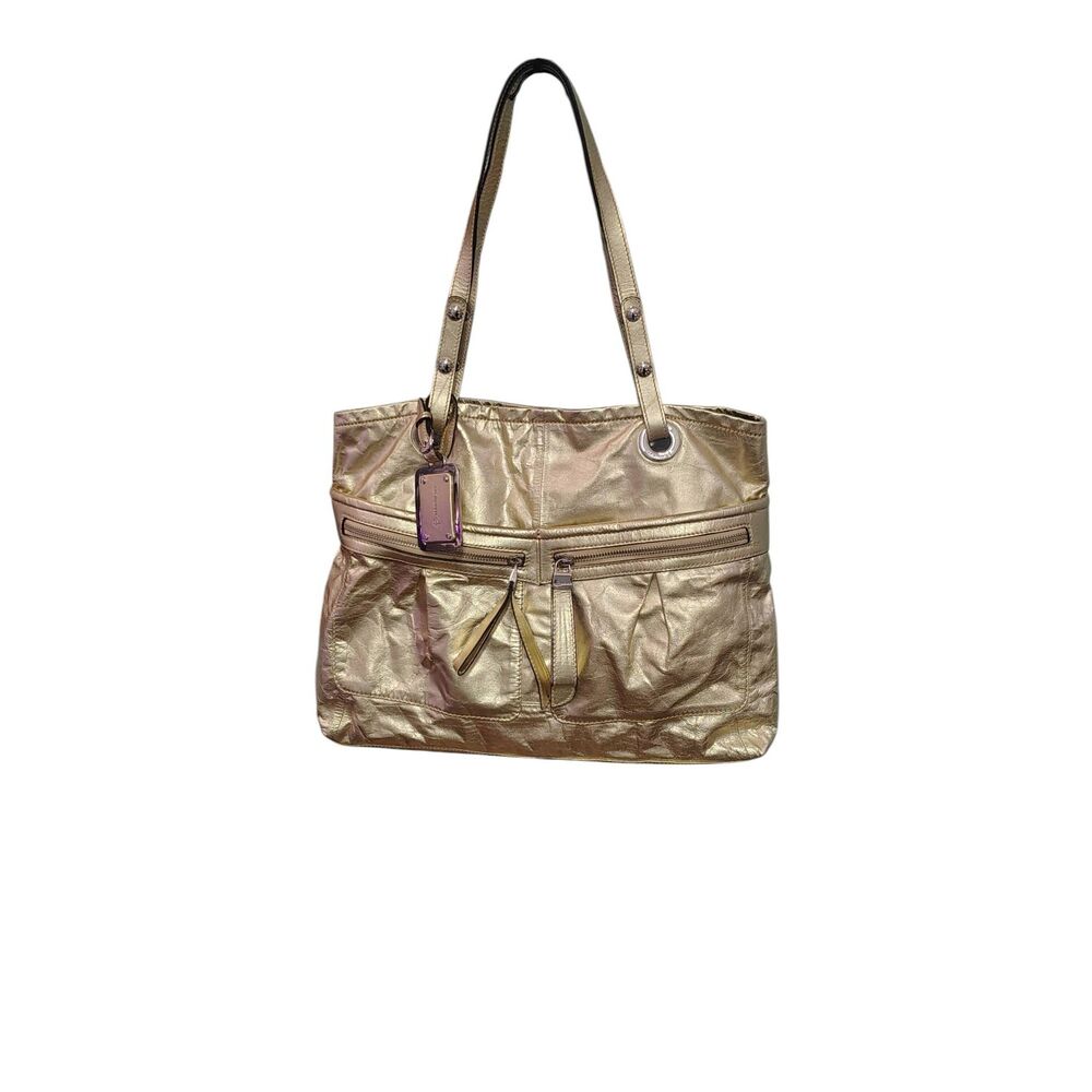 B. Makowsky Gold Metallic Leather Shoulder Bag NWOT Large Tote Purse Y2K Luxe